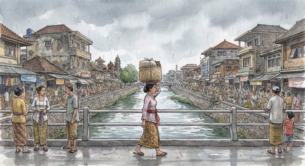 ilustrasi orang bali di wisata kota denpasar