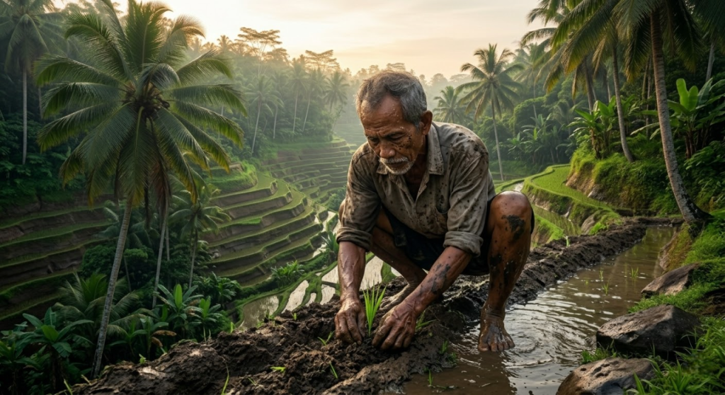 ilustrasi menanam padi tegalalang subak bali